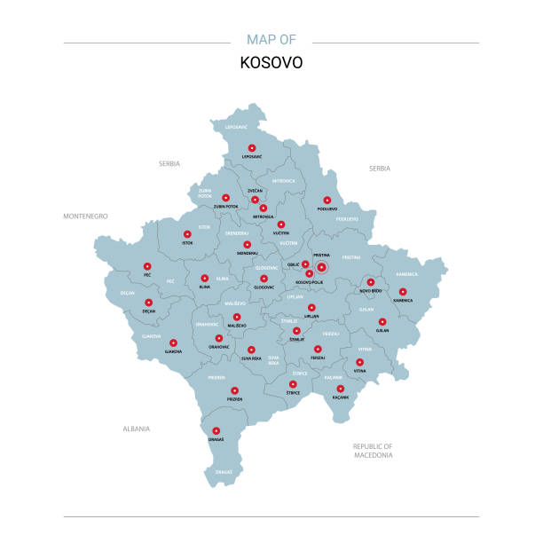 Kosovo map vector with red pin. Kosovo vector map. Editable template with regions, cities, red pins and blue surface on white background. kosovo stock illustrations