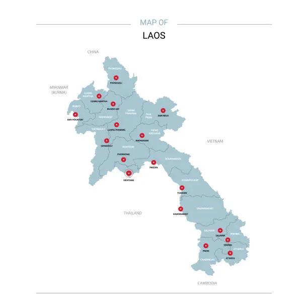 Vector illustration of Laos map vector with red pin.