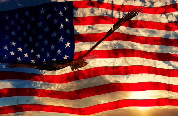 istock Eagle at sunset background with american flag - 3D rendering 1068069624
