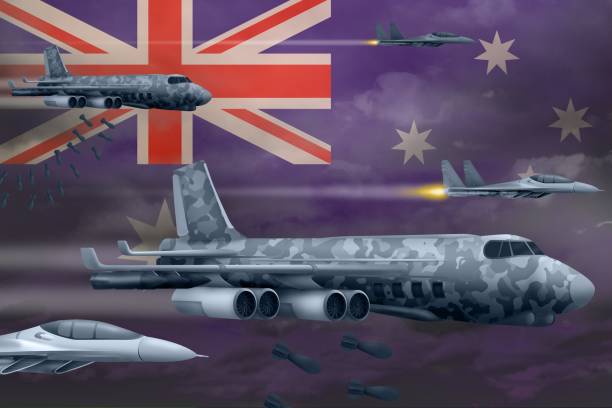 istock Australia air forces bombing strike concept. Australia army air planes drop bombs on flag background. 3d Illustration 1068076558