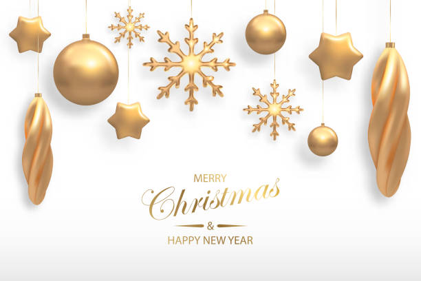 istock Vector illustration of Christmas background with golden 3d realistic christmas ball, star, snowflake decorations isolated on white. New year and xmas holiday winter concept 1068090510