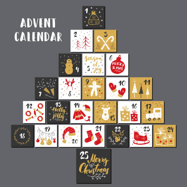 istock Christmas advent calendar. Hand drawn elements and numbers. Winter holidays calendar cards set design, Vector illustration 1068104704