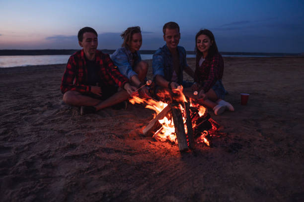 istock young friends have picnic with bonfire on the beach 1068119022