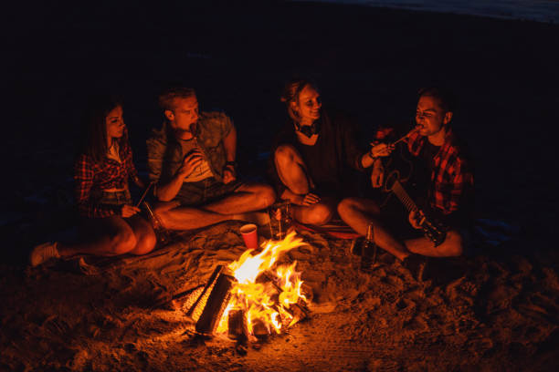 istock young friends have picnic with bonfire on the beach 1068121814