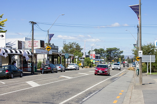 Featherston, New Zealand - January 6, 2018: Traffic along Fitzherbert Street on State Highway 2 running through the Wairarapa town of Featherston.