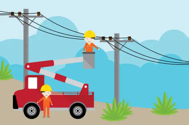 Vector illustration of electrician on picker car crane and working with electricity post.