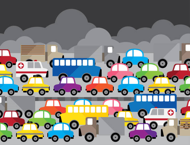 vektor-stau in der stadt. die luftverschmutzung auf der straße. - smog city pollution town stock-grafiken, -clipart, -cartoons und -symbole