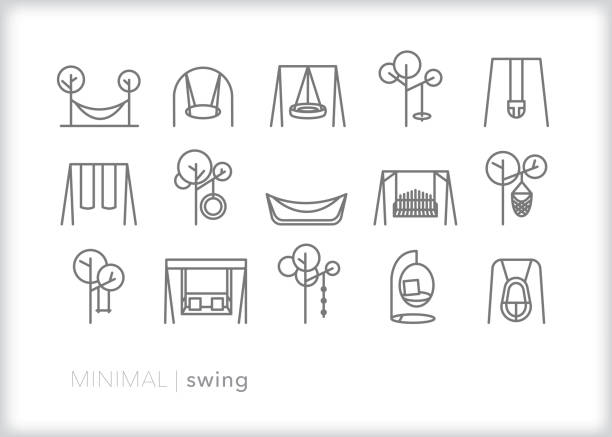 Set of 15 minimal relaxing swing icon illustrations Set of 15 gray minimal swing icons for enjoying a summer day outdoors including tire, hammock, playground, baby, porch, rope and wooden swings hammock stock illustrations
