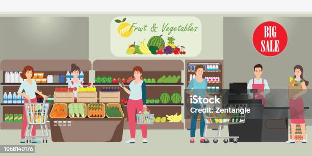 Ilustración de Al Cliente Y Cajera En Supermercado y más Vectores Libres de Derechos de Supermercado - Supermercado, Vegetal, Sección de frutas y verduras