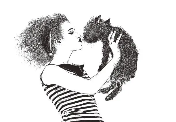 Vector illustration of Woman wearing vintage 1950's fashion kissing dog