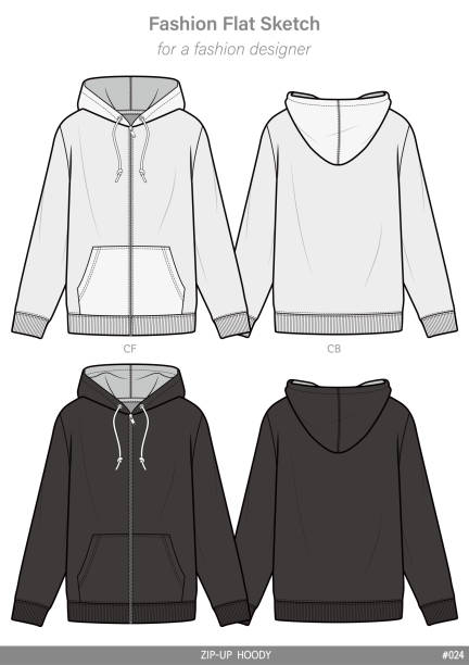 шаблон вектора плоского технического рисования зип-up hoodie fashion - зип stock illustrations