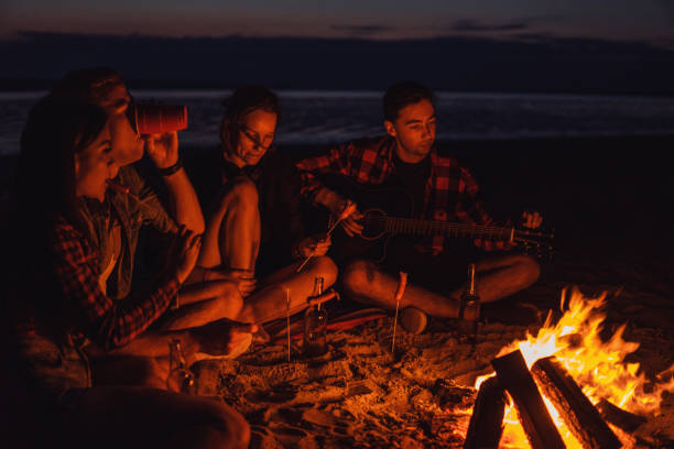 istock young friends have picnic with bonfire on the beach 1068164264