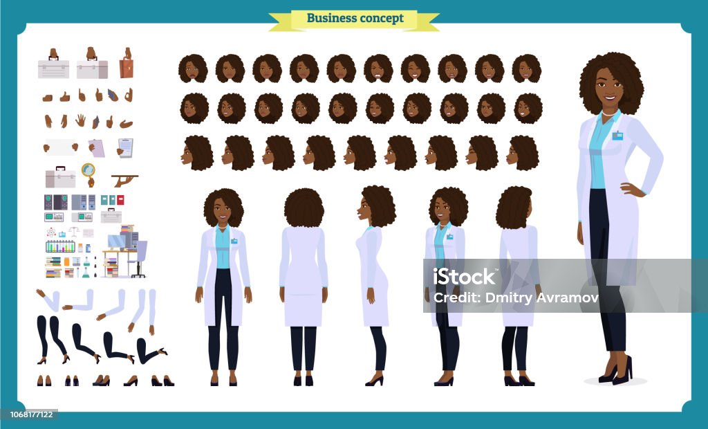 Set di creazione del personaggio scienziato. Black Woman lavora nel laboratorio scientifico agli esperimenti. Lunghezza intera, viste diverse, emozioni, gesti. Costruisci il tuo design. - arte vettoriale royalty-free di Personaggio