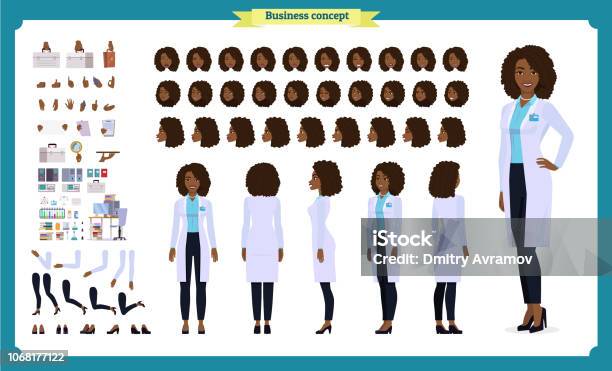 Scientist Character Creation Setblack Woman Works In Science Laboratory At Experiments Full Length Different Views Emotions Gestures Build Your Own Design Stock Illustration - Download Image Now