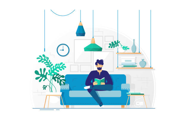 Young man with beard reading book sitting on couch. Young man with beard reading book sitting on couch. Concept living room with sofa, student or businessman. Vector illustration. indoors illustrations stock illustrations
