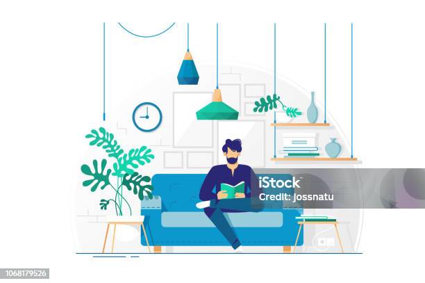 Young Man With Beard Reading Book Sitting On Couch Stock Illustration - Download Image Now