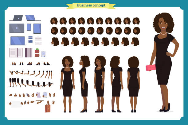 black girl w wieczorowej sukience zestaw do tworzenia postaci. imprezowa kobieta w czarnej modnej luksusowej sukni. pełna długość, różne widoki, gesty. zbuduj swój własny projekt. - human head black women dress stock illustrations
