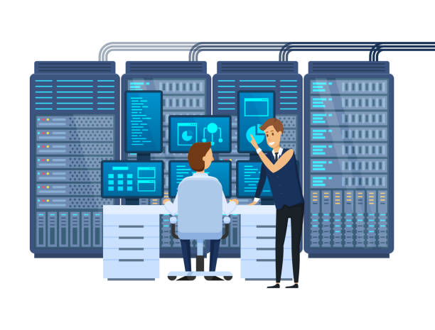 illustrazioni stock, clip art, cartoni animati e icone di tendenza di sala server, attrezzatura dell'ambiente di lavoro dell'amministratore di rete, monitoraggio del database. - machine center