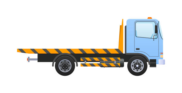 ilustrações de stock, clip art, desenhos animados e ícones de tow truck with equipped winch, lifting transport to platform. - equipped