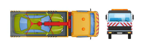 Vector illustration of Tow truck with equipped hydraulic manipulator, lifting crane with platform.