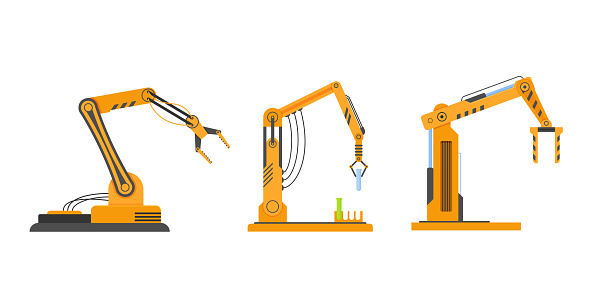 Industrial equipment in form of arm robots, metallic robotic equipment, factory machines. Machine robot carrying cargo, installation in form of crane. Vector illustration isolated.