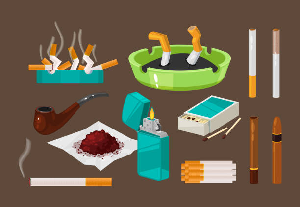 Set of filter cigarettes, cigars with tobacco in ashtray, nicotine. Fight against bad habits, dangerous effects of smoking. Set of filter cigarettes, cigars with tobacco in ashtray, nicotine addiction. Crumpled gobies, broken cigarettes. Vector illustration. stop narcotics stock illustrations