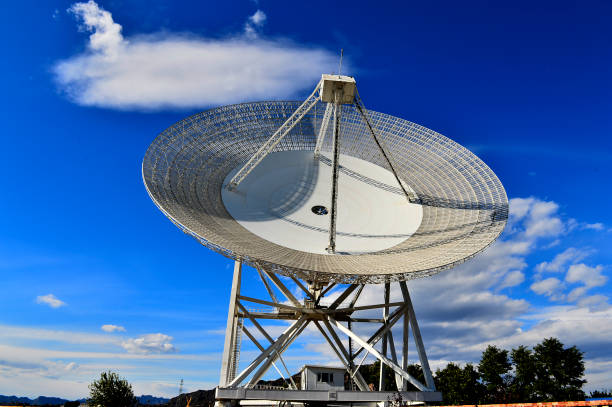 istock Array of satellite dishes or radio antennas against sky. Space o 1068199648