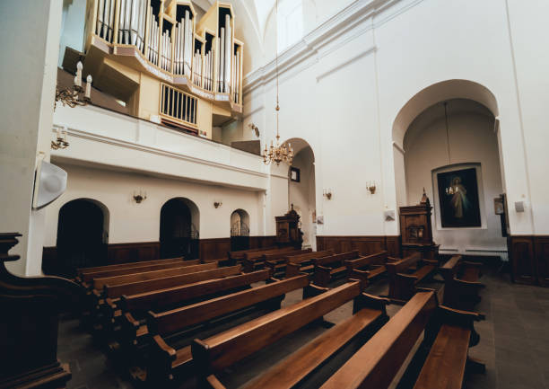 istock Interior view of a old church with empty pews 1068200720