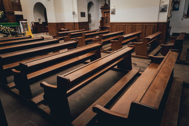 istock Rows of church benches. Selective focus. 1068201116
