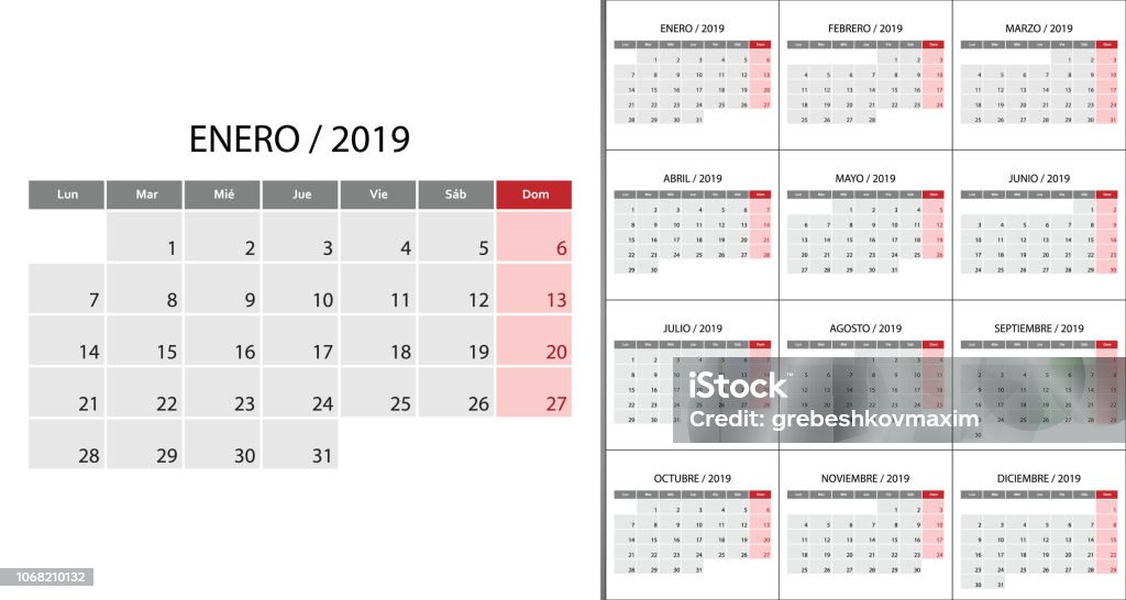 Calendar 2019 week start on Monday Calendar 2019 week start on Monday on Spanish language. Template for planner design 2019 stock vector
