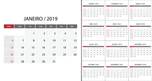 Calendar 2019 week start on Sunday. Calendar 2019 on Portuguese language week start on Sunday. Template for planner design 2019 stock illustrations