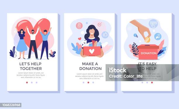Donation And Volunteers Work Concept Illustration Set Stock Illustration - Download Image Now