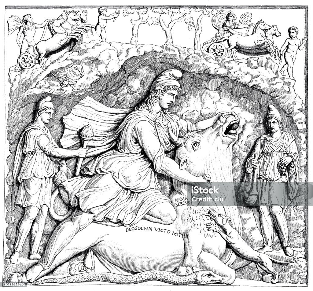 The ancient rome god Mithras sacrifices a bull in the cave Illustration from 19th century 19th Century stock illustration