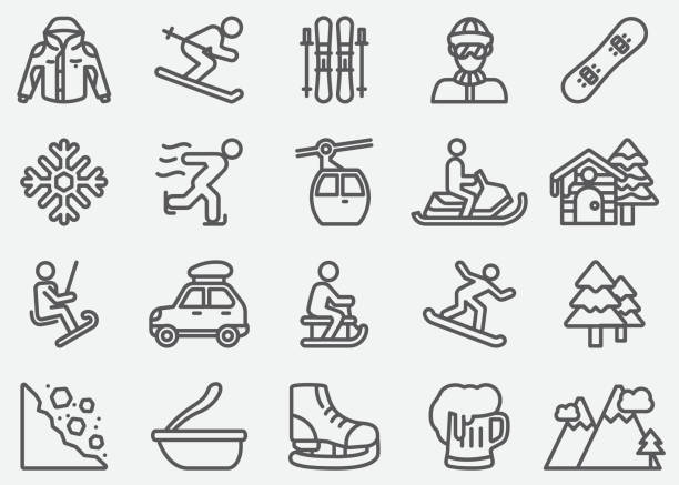 illustrazioni stock, clip art, cartoni animati e icone di tendenza di icone della linea sport invernale - sci