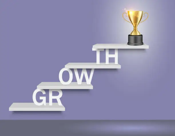 Vector illustration of Growth word ladder with trophy cup vector realistic illustration