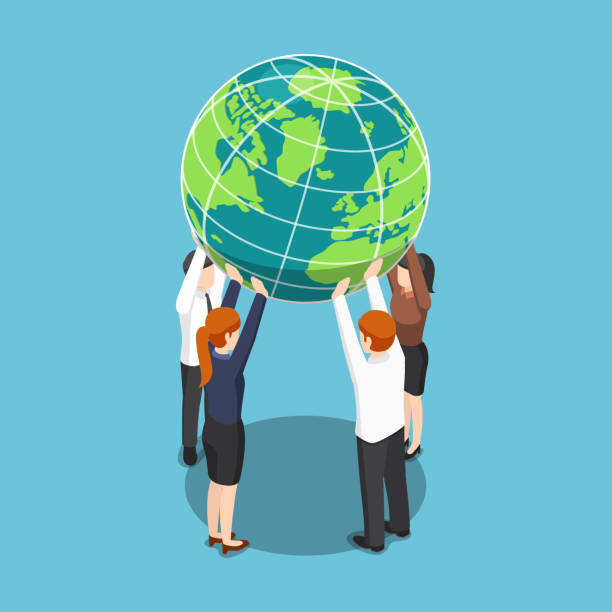 Isometric business team holding world over their head Flat 3d isometric business team holding world over their head. Teamwork and worldwide business concept. man holding earth stock illustrations
