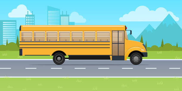 illustrations, cliparts, dessins animés et icônes de classique autobus scolaire jaune, sur fond d’immeubles urbains. - enfants derrière voiture vacance