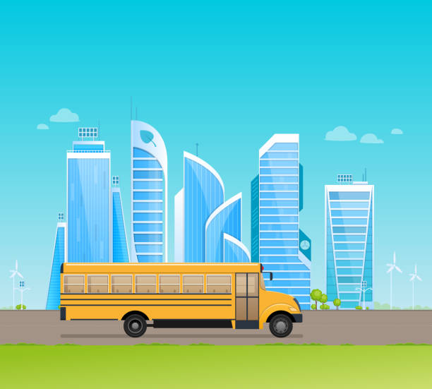 illustrations, cliparts, dessins animés et icônes de classique autobus scolaire jaune, sur fond d’immeubles urbains. - enfants derrière voiture vacance
