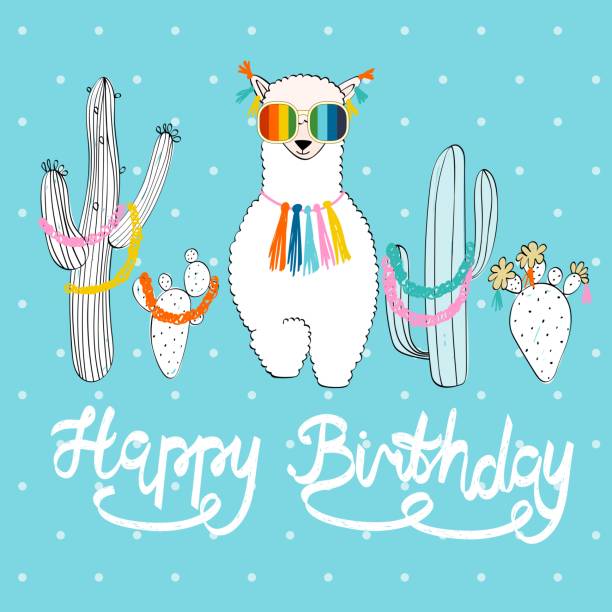 Happy birthday card Happy birthday card with cartoon and cactuses. lama religious occupation stock illustrations