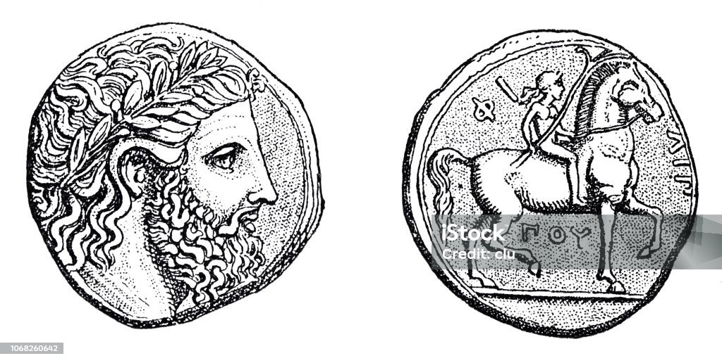 Head of greek god Zeus on a coin Illustration from 19th century Horse stock illustration