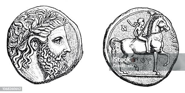 Head Of Greek God Zeus On A Coin Stock Illustration - Download Image Now - Horse, Classical Greek, Coin