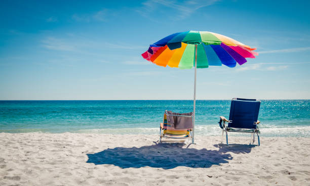 istock two chairs on the beach and an umbrella 1068265378
