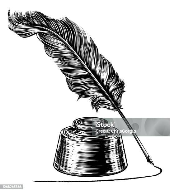 Writing Quill Feather Pen And Ink Well Stock Illustration - Download Image Now - Quill Pen, Feather, Writing - Activity