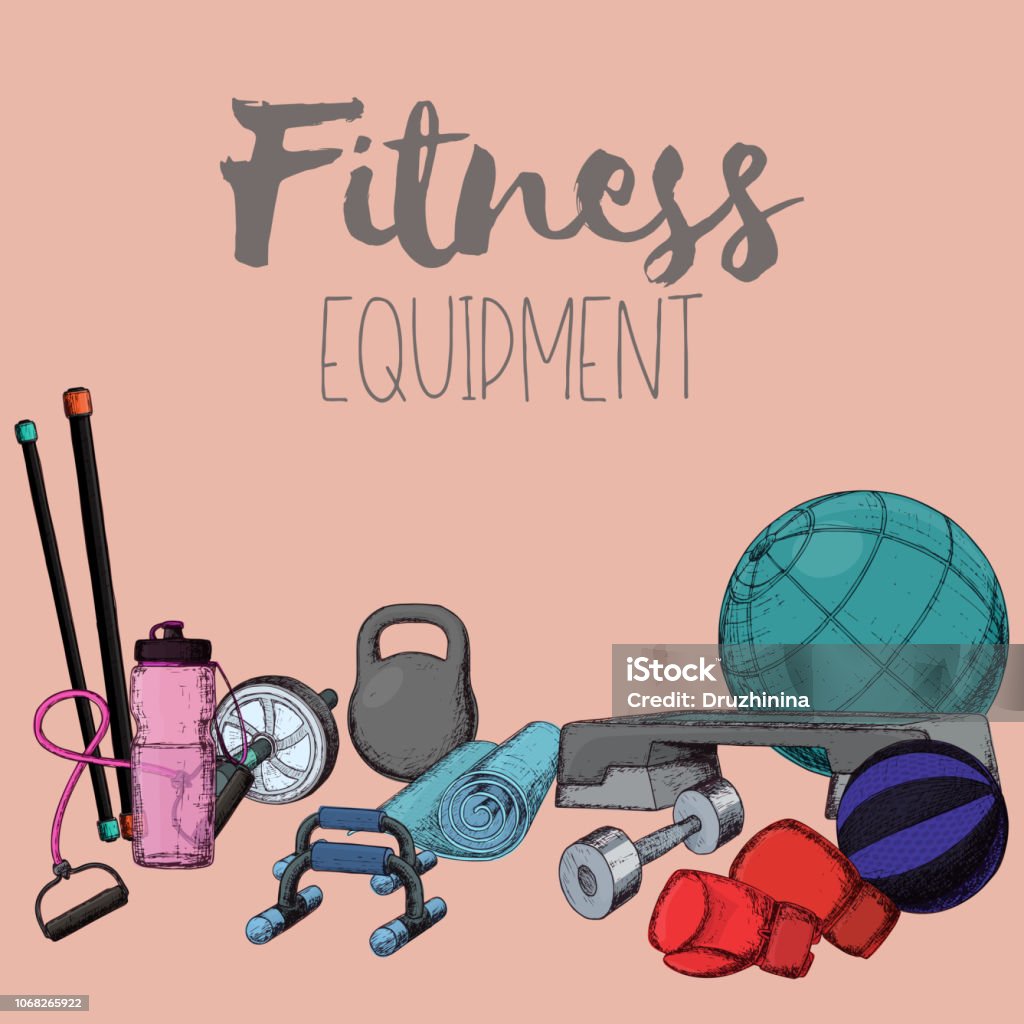 Home gym equipment Set of fitness accessories, sketch cartoon illustration of gym equipment for home exercise. Vector Abdominal Muscle stock vector