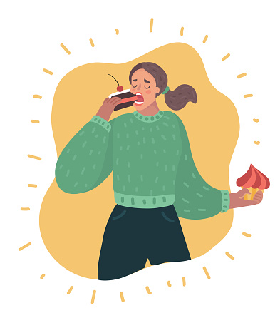 Vector cartoon illustration of Sweet tooth lady eating cake. Lady greedily devouring sweets and backery production. Female funny character in modern style.