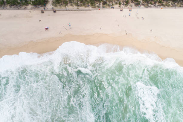 istock Aerial view of sandy beach with tourists 1068267912