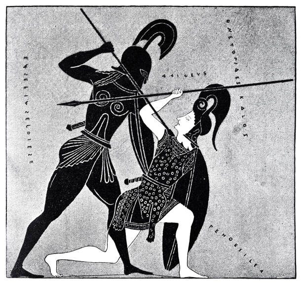 battle of achilles gegen die menschenähnlichen penthesilea - achilleus stock-grafiken, -clipart, -cartoons und -symbole