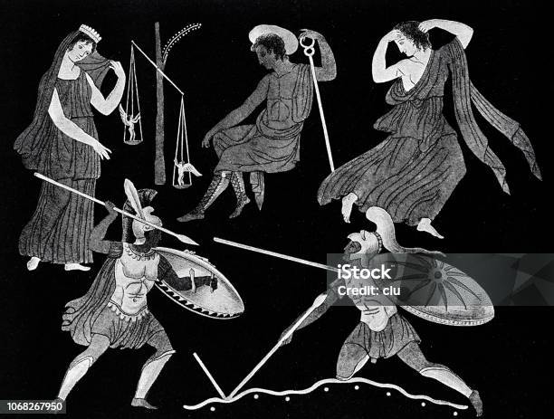 Battle Of Achilles Against Memnon Above Soul Weighing By Hermes Stock Illustration - Download Image Now