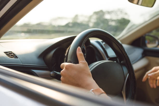 istock male hands on steering wheel on the right with country side view 1068271000