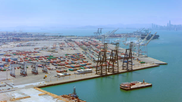 istock Aerial view of a large ship loading dock in California, USA 1068271186